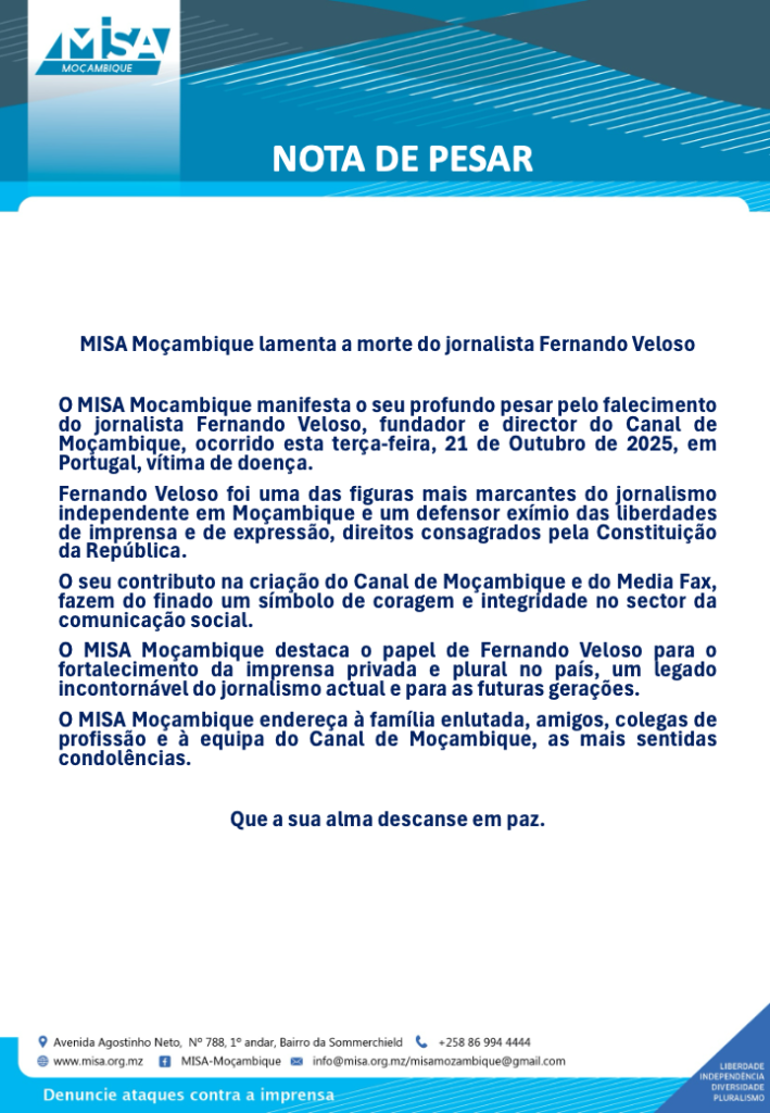 MISA Moçambique lamenta a morte do jornalista Fernando Veloso